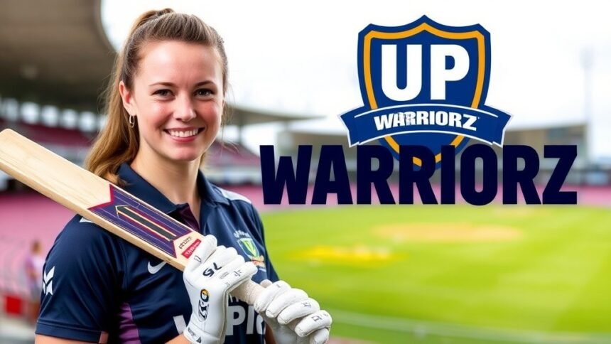 A photo of Meg Lanning holding a cricket bat, with the UP Warriorz team logo in the background, and a subtle background image of a cricket stadium.