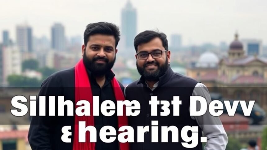 A photo of Mohammed Shami and Trinamool MP Dev standing together, with a blurred background of the Kolkata cityscape, symbolizing their connection to the city and the ongoing SIR hearing.