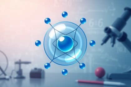 An illustration of a hydrogen atom with a subtle background of physics equations and research equipment, conveying the idea of precise measurement and scientific discovery