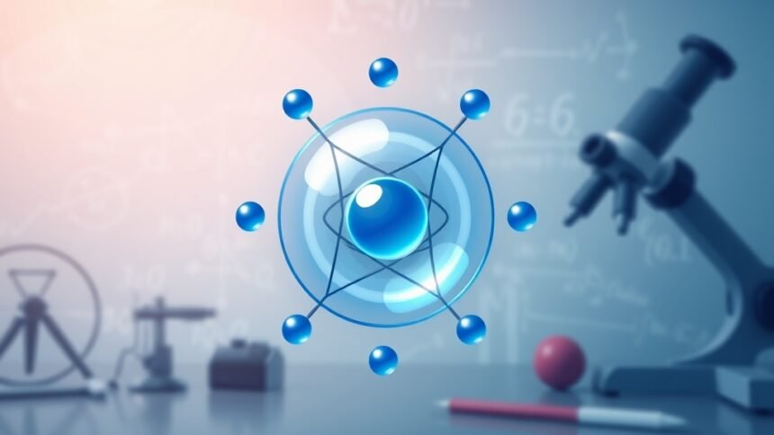 An illustration of a hydrogen atom with a subtle background of physics equations and research equipment, conveying the idea of precise measurement and scientific discovery