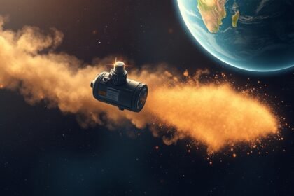 An illustration of a spacecraft with a dust detector instrument, flying through a cloud of cosmic dust particles in the vastness of space, with the Earth in the background.