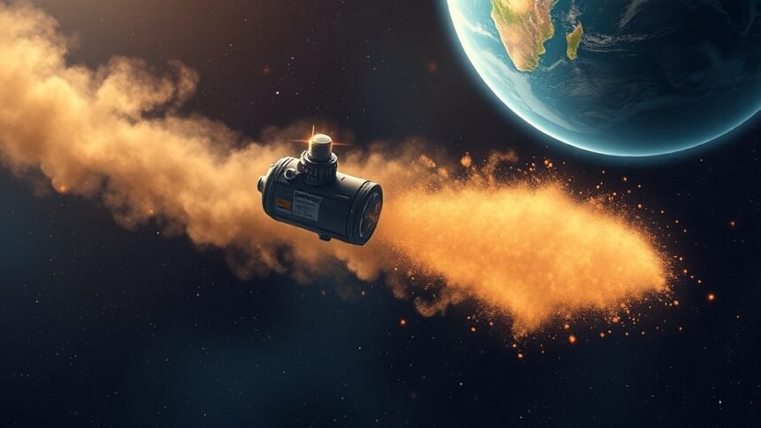 An illustration of a spacecraft with a dust detector instrument, flying through a cloud of cosmic dust particles in the vastness of space, with the Earth in the background.