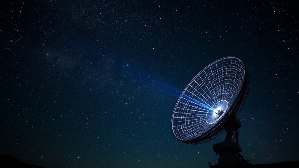 A high-resolution image of the Giant Metrewave Radio Telescope (GMRT) with a pulsar visible in the night sky, surrounded by stars and galaxies, with a subtle glow effect to represent the radio waves being detected.