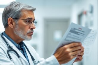 A doctor looking at a patient's medical chart with a concerned expression, with a stethoscope around their neck and a hospital background