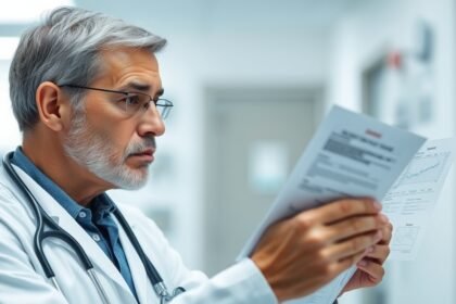 A doctor looking at a patient's medical chart with a concerned expression, with a stethoscope around their neck and a hospital background