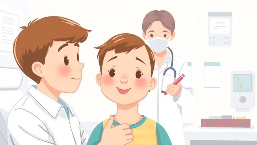 A gentle and informative illustration depicting a person with Down syndrome undergoing a kidney health checkup, with a medical professional in the background, surrounded by subtle hints of medical equipment and a calm, reassuring atmosphere.