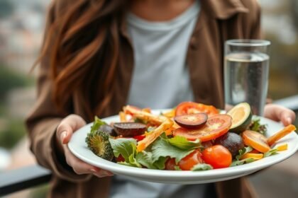 a photo of a person holding a plate of healthy food with a glass of water, with a blurred background of a city or a park