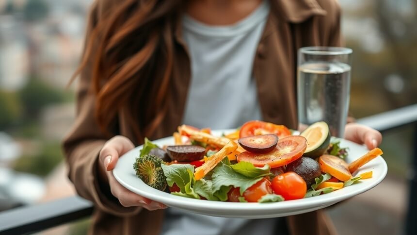 a photo of a person holding a plate of healthy food with a glass of water, with a blurred background of a city or a park