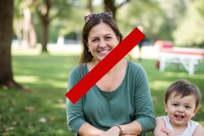 A 36-year-old mom sitting in a park with her children, with a subtle background image of a tanning bed and a red cross over it, symbolizing her warning against the use of tanning beds.