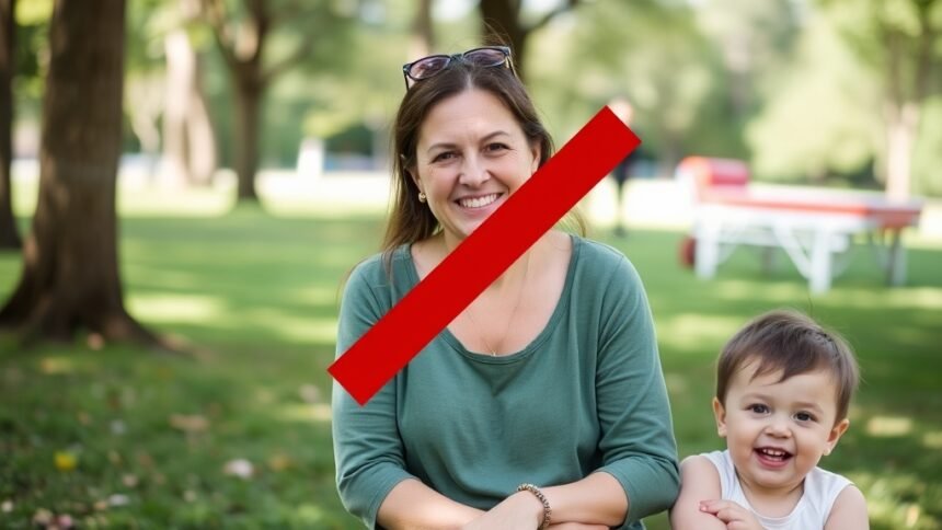 A 36-year-old mom sitting in a park with her children, with a subtle background image of a tanning bed and a red cross over it, symbolizing her warning against the use of tanning beds.