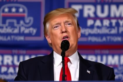 A photo of Donald Trump speaking at a Republican Party event with a confident expression, with a subtle hint of concern in the background.