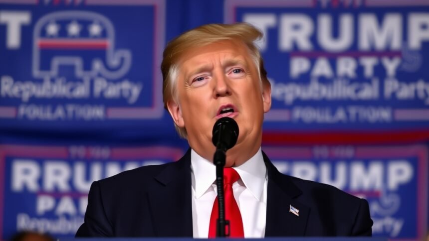 A photo of Donald Trump speaking at a Republican Party event with a confident expression, with a subtle hint of concern in the background.