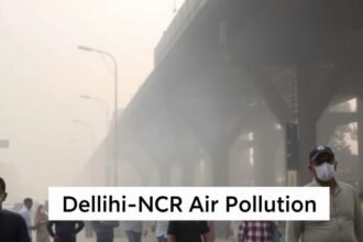A photo of a polluted street in Delhi with a hazy sky and people wearing masks, with a caption "Delhi-NCR Air Pollution" in the foreground
