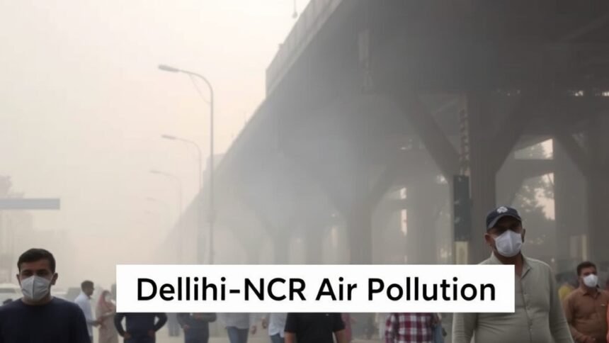 A photo of a polluted street in Delhi with a hazy sky and people wearing masks, with a caption "Delhi-NCR Air Pollution" in the foreground