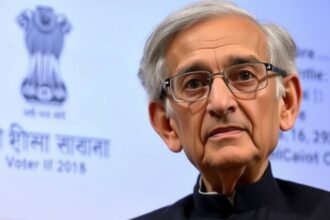 A photo of Amartya Sen with a subtle background of the Indian Election Commission logo and a faint image of a voter ID card