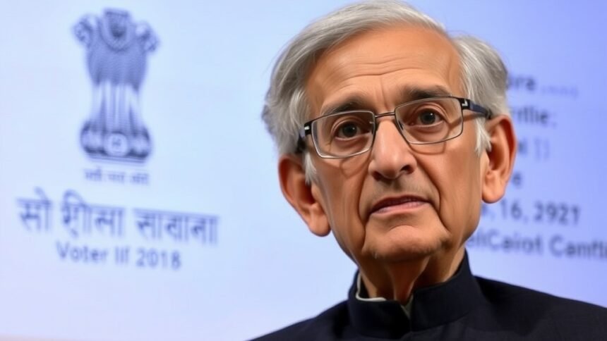 A photo of Amartya Sen with a subtle background of the Indian Election Commission logo and a faint image of a voter ID card