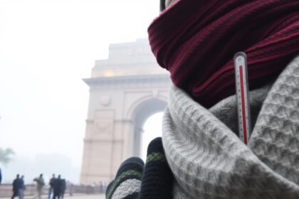 A photo of a person wearing a scarf and gloves, standing in front of the India Gate in Delhi, with a foggy background and a thermometer showing a low temperature.