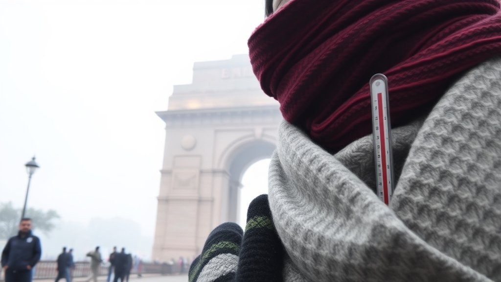 A photo of a person wearing a scarf and gloves, standing in front of the India Gate in Delhi, with a foggy background and a thermometer showing a low temperature.