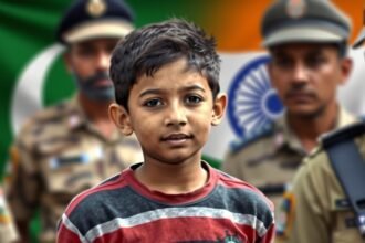 A 15-year-old boy being taken away by Indian security personnel, with a blurred background of a Pakistani flag and a map of India.