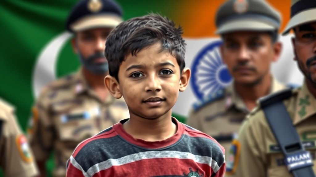 A 15-year-old boy being taken away by Indian security personnel, with a blurred background of a Pakistani flag and a map of India.