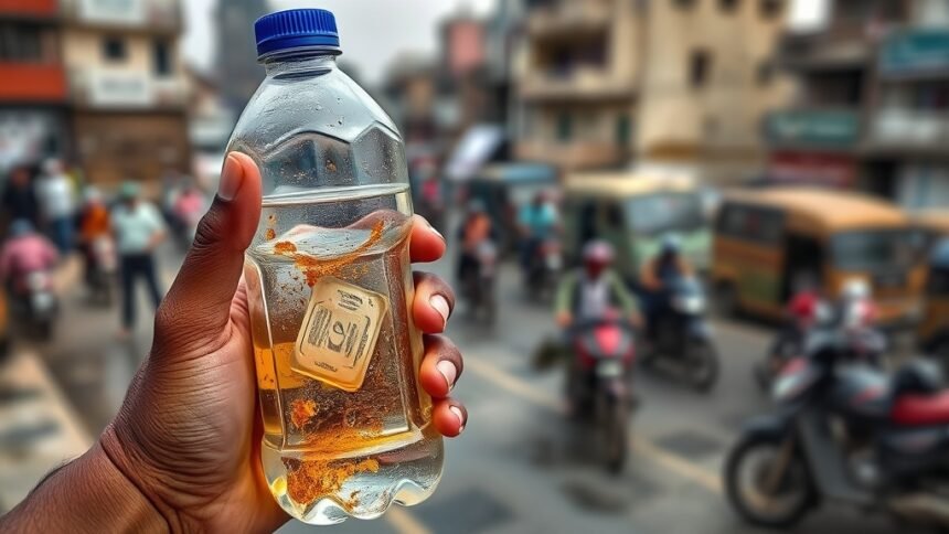 A photo of a person holding a contaminated water bottle with a blurred background of Indore city, highlighting the severity of the water pollution issue