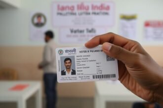 A photo of a person holding a voter ID card with a blurred background of a polling station in Uttar Pradesh, India