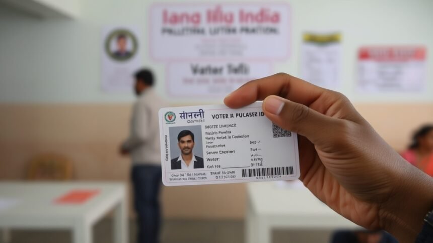 A photo of a person holding a voter ID card with a blurred background of a polling station in Uttar Pradesh, India