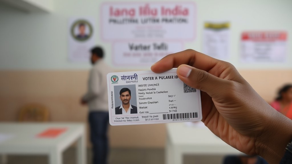 A photo of a person holding a voter ID card with a blurred background of a polling station in Uttar Pradesh, India