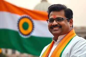 A photograph of Siddaramaiah with a confident smile, standing in front of the Karnataka state flag, with a subtle background of the Vidhana Soudha building in Bengaluru.