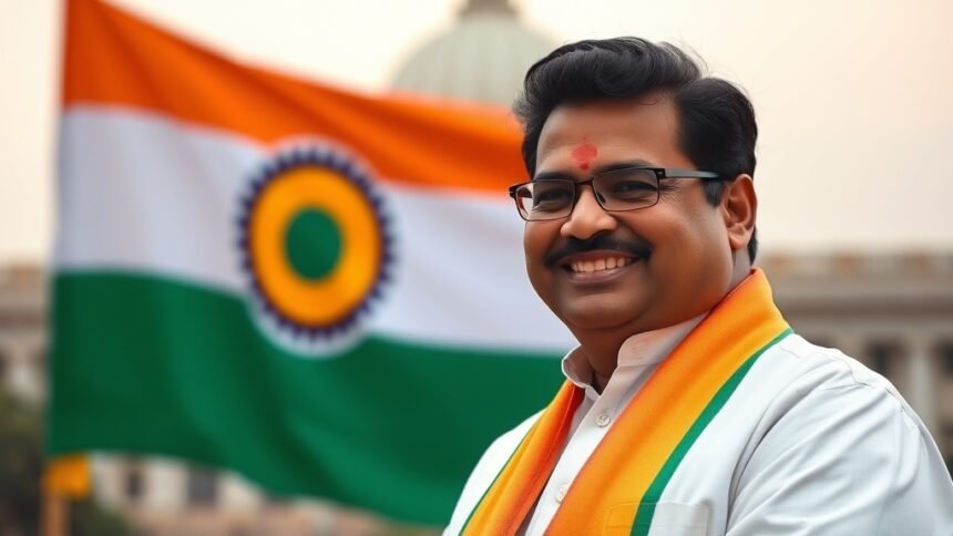 A photograph of Siddaramaiah with a confident smile, standing in front of the Karnataka state flag, with a subtle background of the Vidhana Soudha building in Bengaluru.