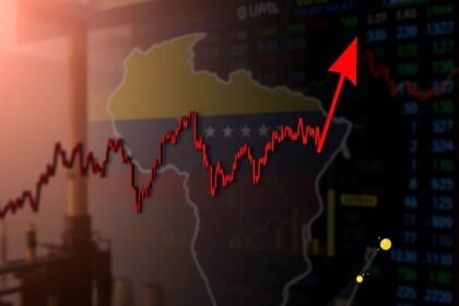 A graph showing the fluctuation in global oil prices with a map of Venezuela in the background, and a subtle image of an oil refinery or a stock market screen.