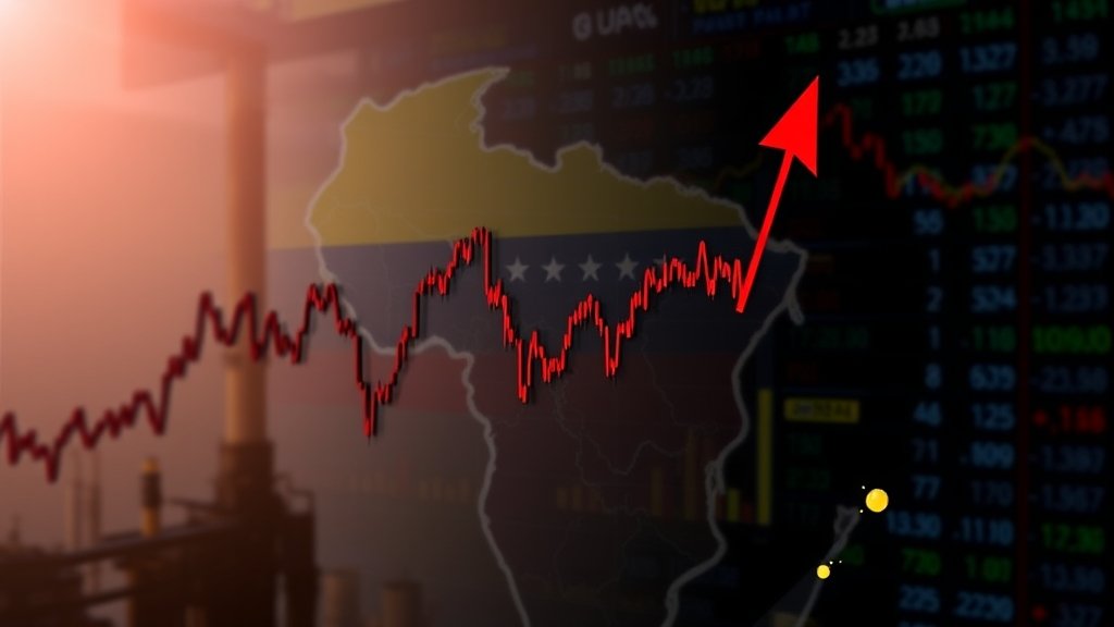 A graph showing the fluctuation in global oil prices with a map of Venezuela in the background, and a subtle image of an oil refinery or a stock market screen.