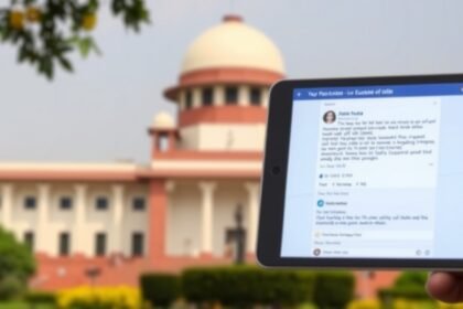 A photo of the Supreme Court of India with a screenshot of a Facebook post on a tablet or smartphone in the foreground, highlighting the intersection of social media and law.