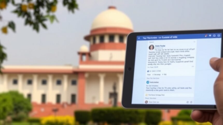 A photo of the Supreme Court of India with a screenshot of a Facebook post on a tablet or smartphone in the foreground, highlighting the intersection of social media and law.