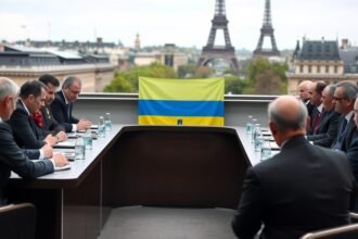 A photo of world leaders gathered around a table for a meeting, with a focus on the Ukrainian flag and a subtle background of Parisian architecture