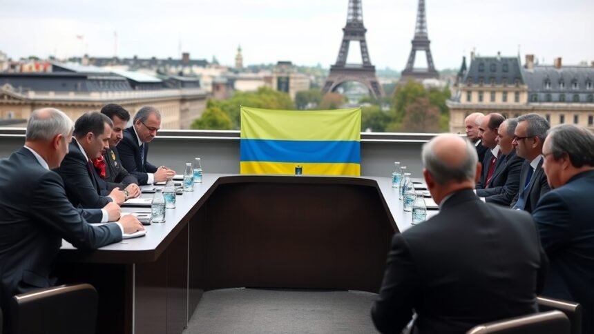 A photo of world leaders gathered around a table for a meeting, with a focus on the Ukrainian flag and a subtle background of Parisian architecture