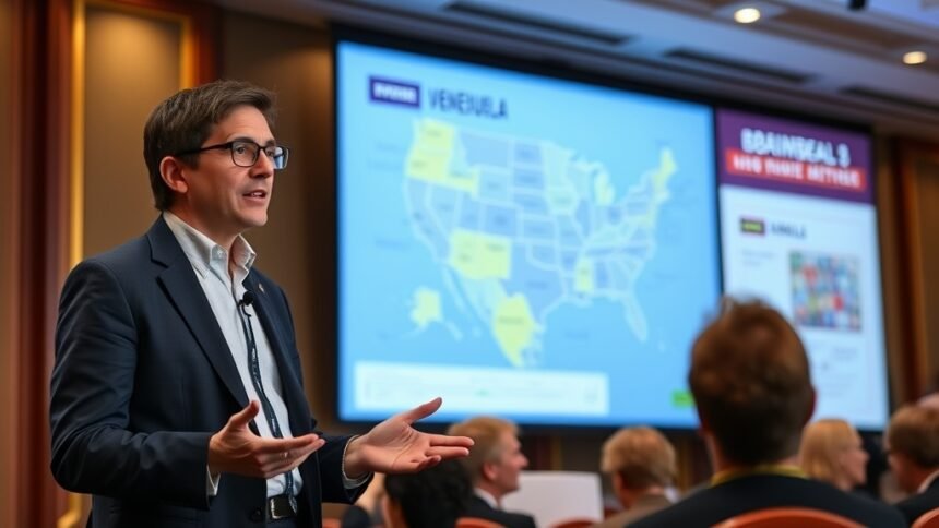 A photo of Ian Bremmer speaking at a conference with a screen behind him displaying a map of Venezuela and the United States