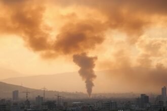 A dramatic image of a cityscape in Lebanon or Israel with smoke rising in the distance, symbolizing the conflict and tension between the two countries