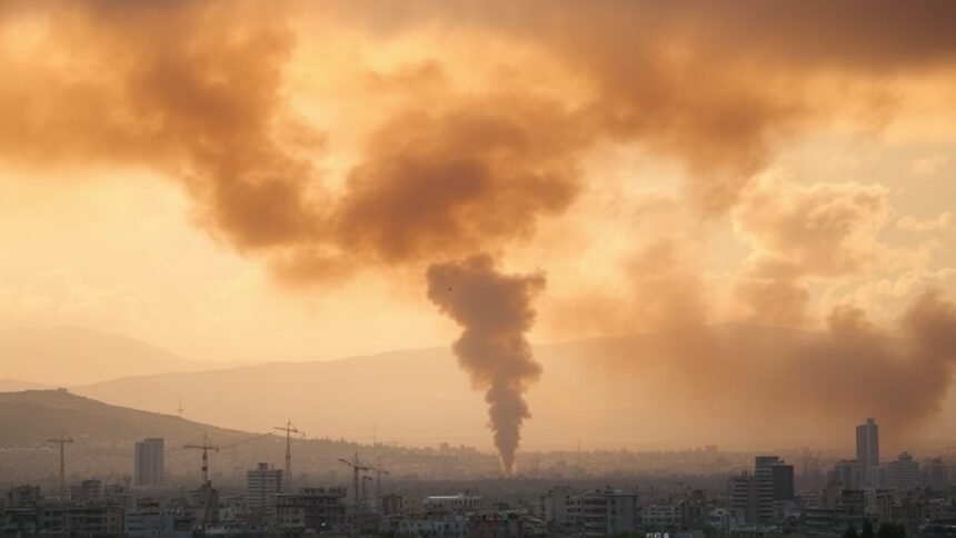 A dramatic image of a cityscape in Lebanon or Israel with smoke rising in the distance, symbolizing the conflict and tension between the two countries