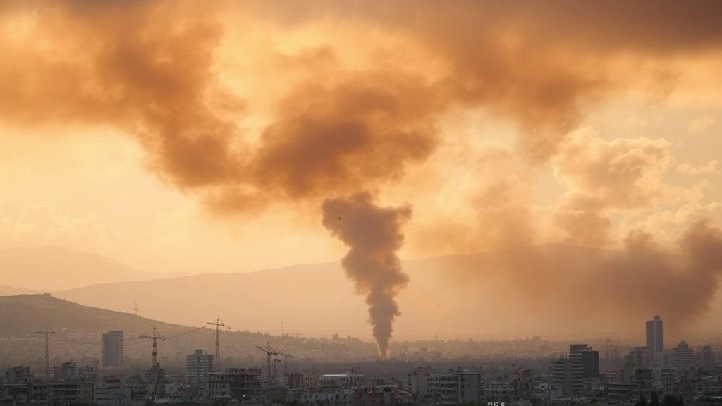 A dramatic image of a cityscape in Lebanon or Israel with smoke rising in the distance, symbolizing the conflict and tension between the two countries
