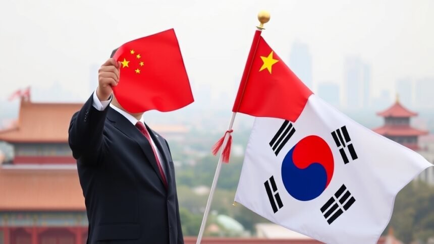A photo of the Chinese and South Korean flags waving together, with a subtle background of Beijing's skyline, symbolizing the diplomatic meeting between Xi Jinping and Lee Jae-myung.