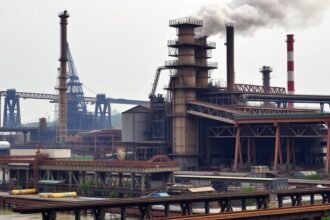 A photo of a steel factory with a caption "India's steel industry under scrutiny for antitrust law violations"