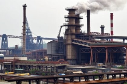 A photo of a steel factory with a caption "India's steel industry under scrutiny for antitrust law violations"