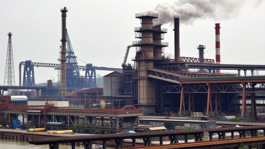 A photo of a steel factory with a caption "India's steel industry under scrutiny for antitrust law violations"