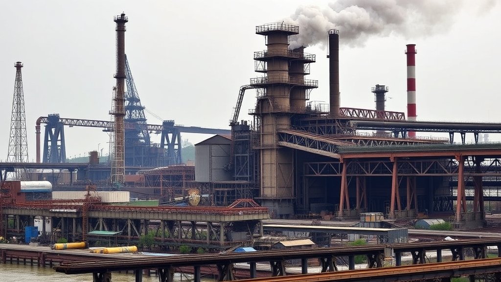 A photo of a steel factory with a caption "India's steel industry under scrutiny for antitrust law violations"