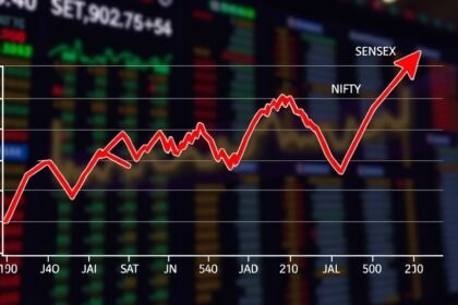 A graph showing the decline of the Sensex and Nifty on January 6, with a background image of a stock market trading floor