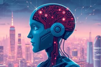 A futuristic illustration of a robot with a brain made of circuits and wires, with a cityscape in the background, symbolizing the intersection of artificial intelligence and robotics.