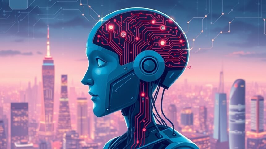 A futuristic illustration of a robot with a brain made of circuits and wires, with a cityscape in the background, symbolizing the intersection of artificial intelligence and robotics.
