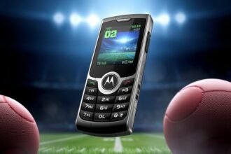 A high-quality image of the Motorola Razr Fold phone with a football-themed background, highlighting its unique design and features.