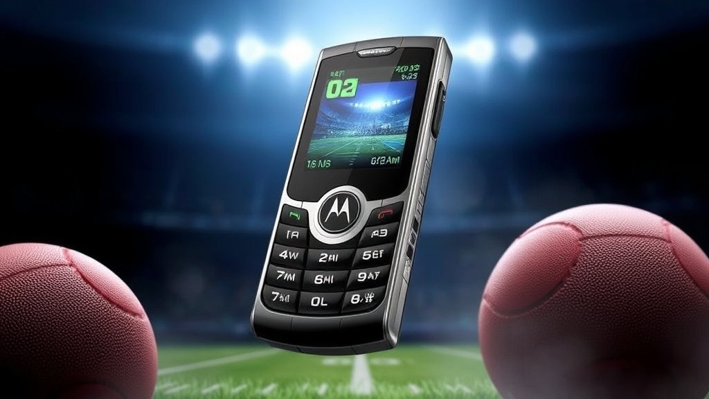 A high-quality image of the Motorola Razr Fold phone with a football-themed background, highlighting its unique design and features.
